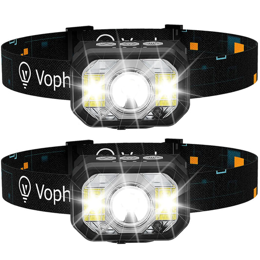Voph Head Lamp 2 Pack 1200 Lumens USB Type-C Motion Sensor Rechargeable Headlamp 6 Modes Ultra-Light Headlamp with Red Light Waterproof Led Headlamp for Hiking Camping Fishing Running Hunting